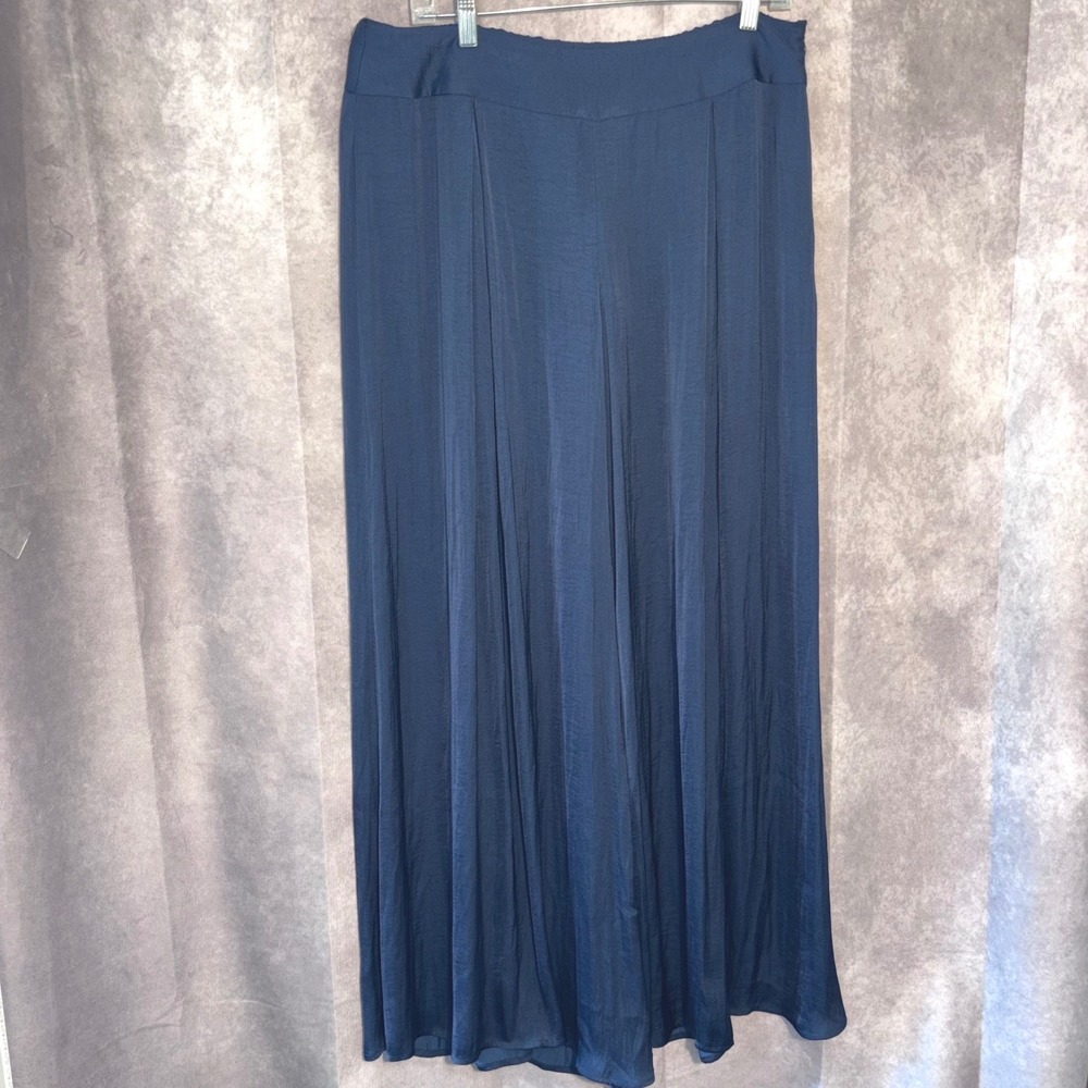 Soft Surroundings WideLeg Satin Pants Women Medium Side Zip Navy Blue Minimalist